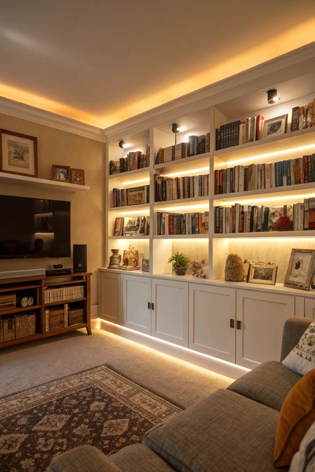 LED strip illumination enhances dimension beneath storage units.