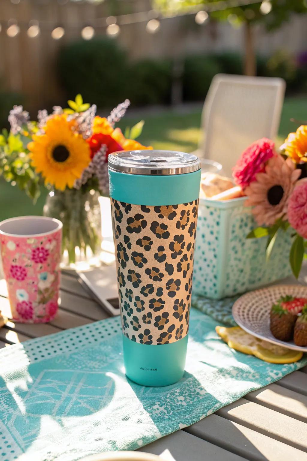 A radiant sky-blue animal spot tumbler ideal for sunny days.