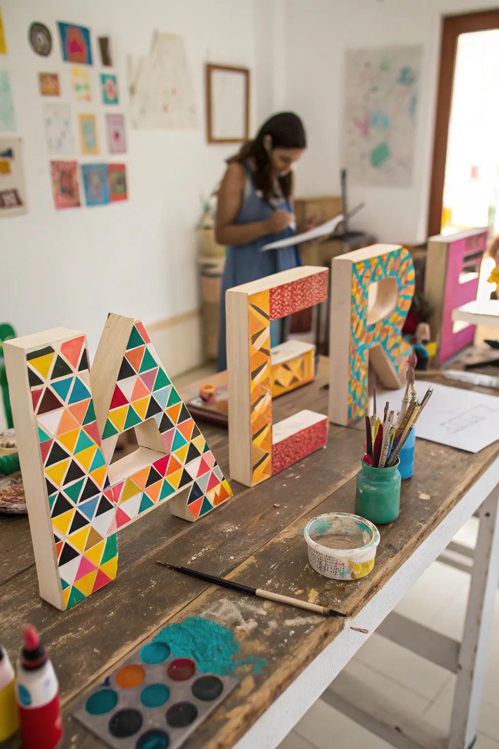 Timber letters painted with striking geometric designs.