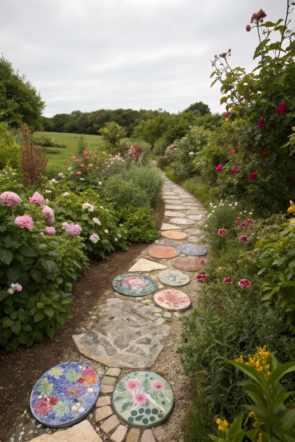 A garden trail showcasing vivid pathway stones crafted from plate fragments.