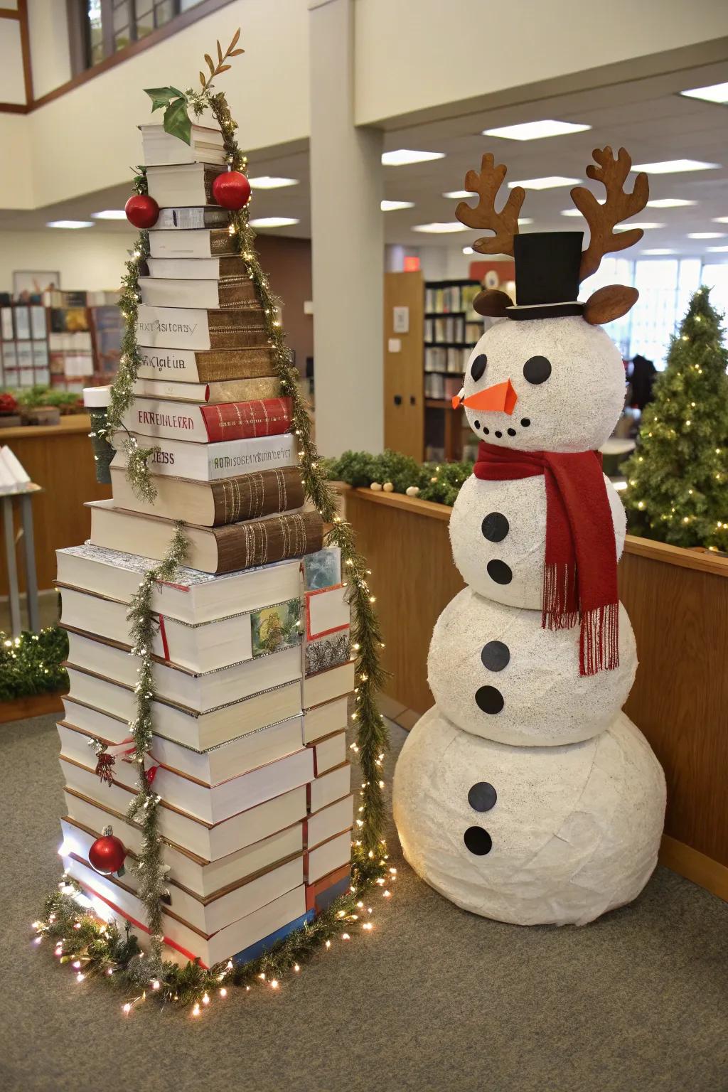 Bring holiday characters to life through creative book arrangements.
