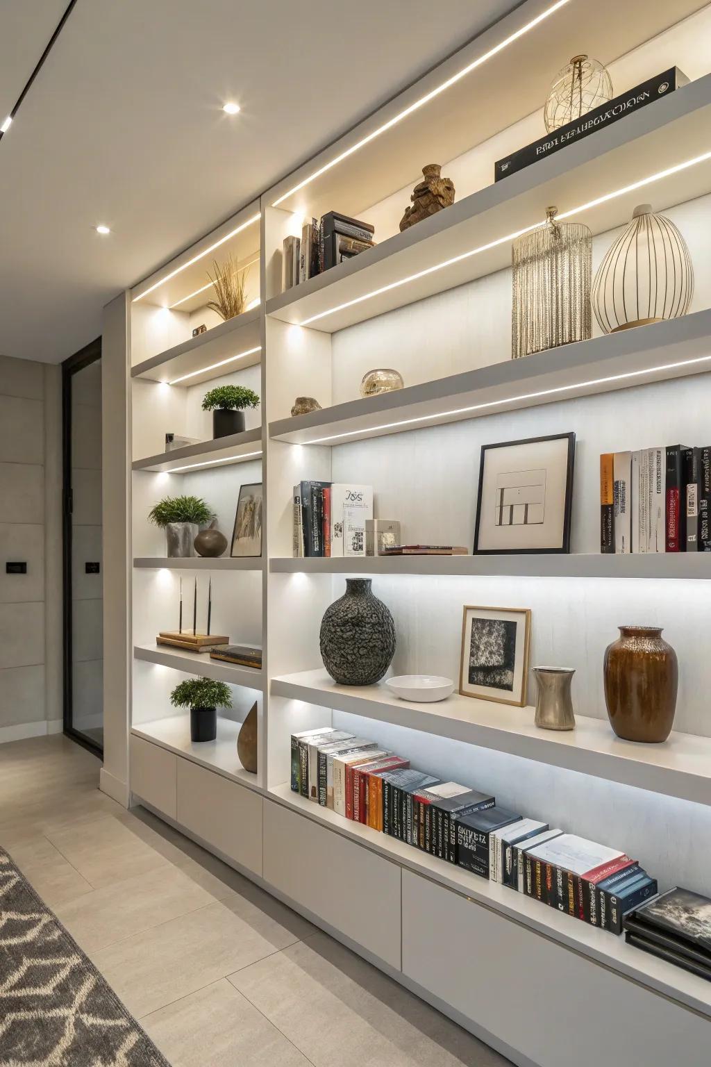 Contemporary open shelves that mix books with ornamental elements.