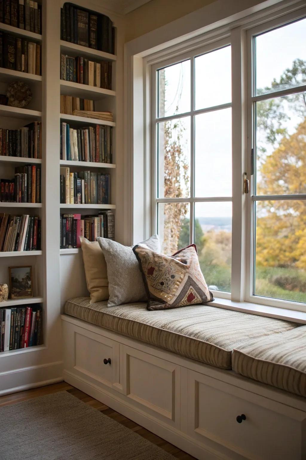 A sunlit window seat that invites you to relax and read.