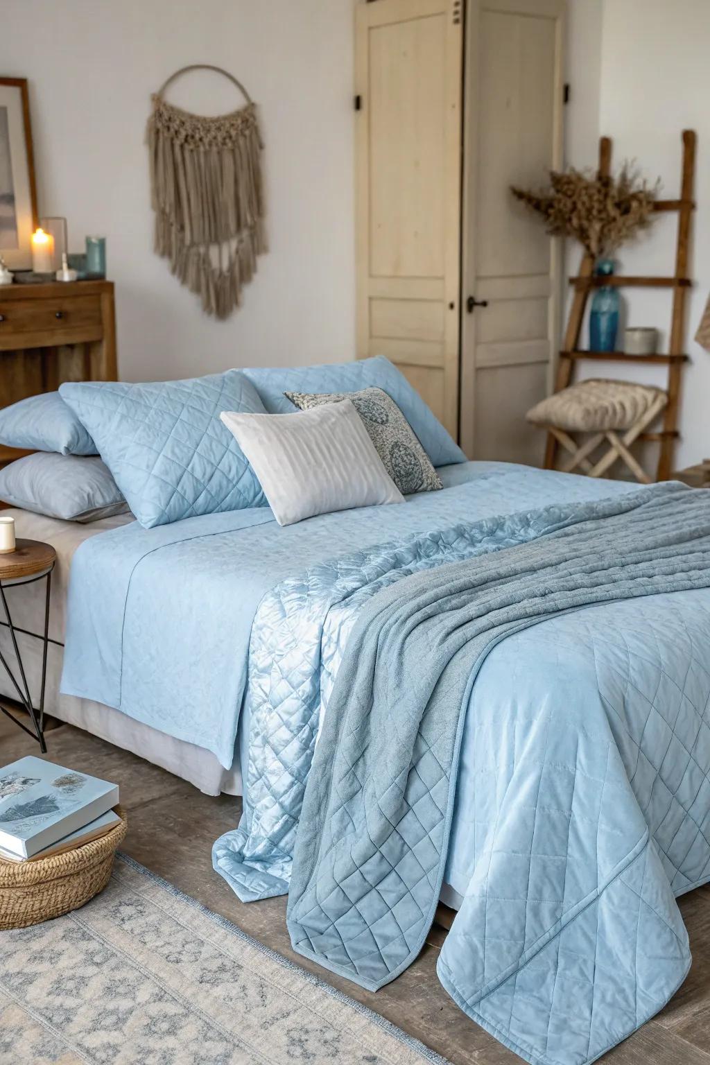 A bedroom features layers of light blue textures to enhance depth and create a cozy atmosphere.