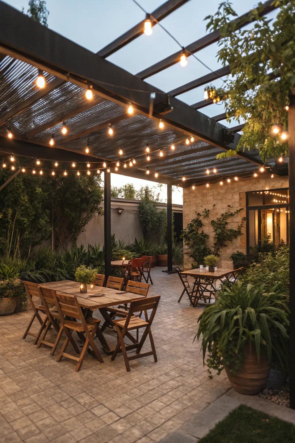 A patio made more inviting with string lights, ideal for nighttime gatherings.