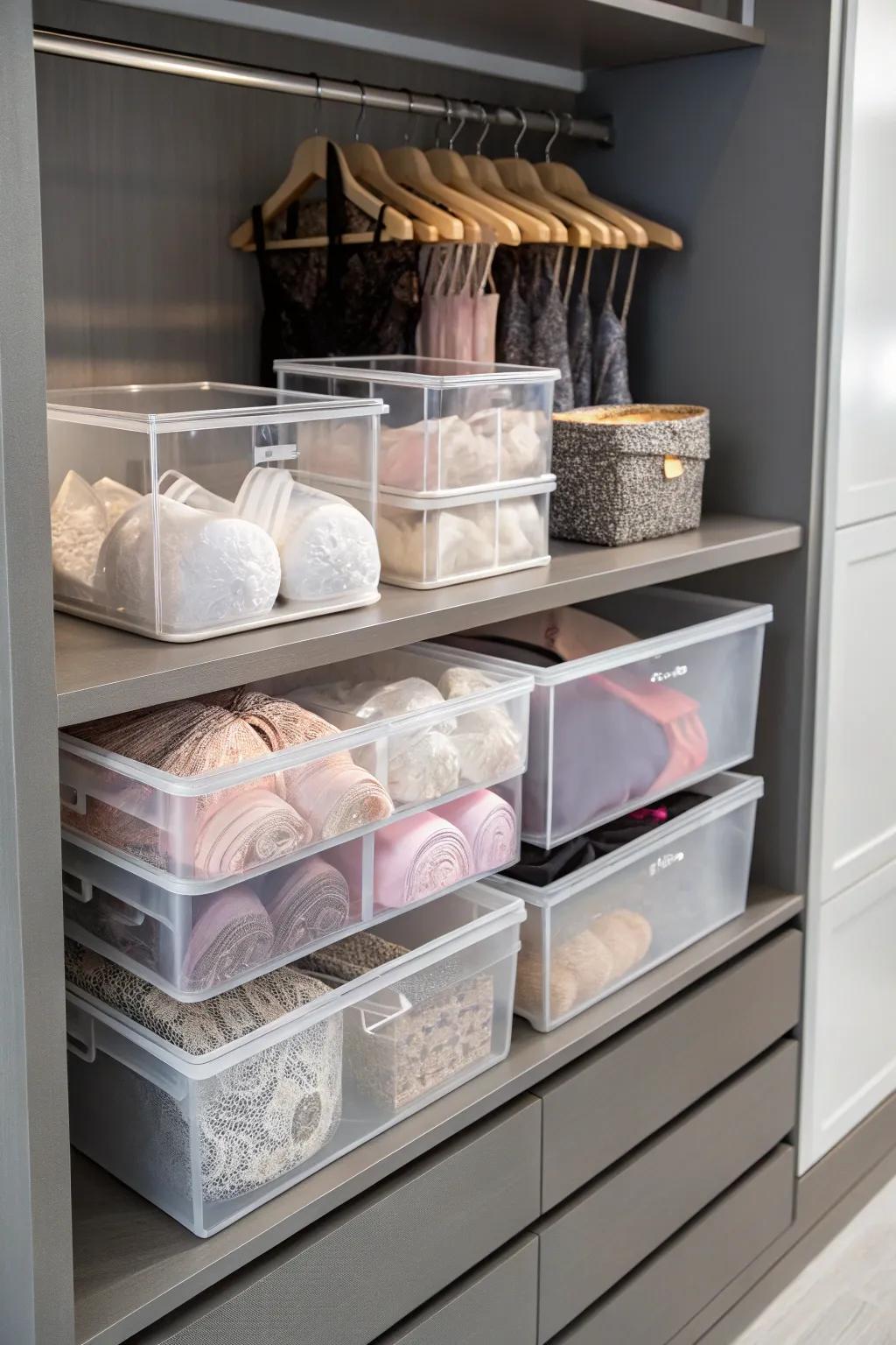 See-through containers enable you to effortlessly view and choose your lingerie.