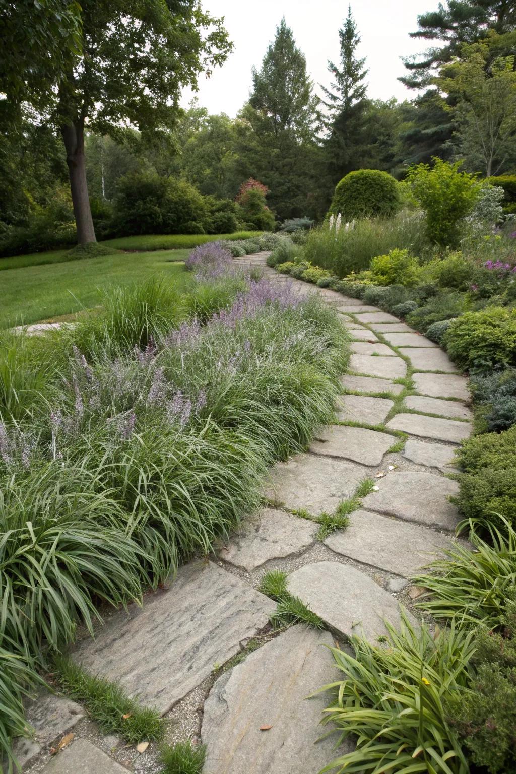 Liriope borders accentuating a serene stone pathway.