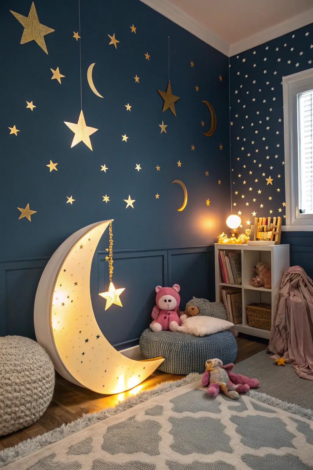 A whimsical nocturnal domain motif showcasing starlit walls.