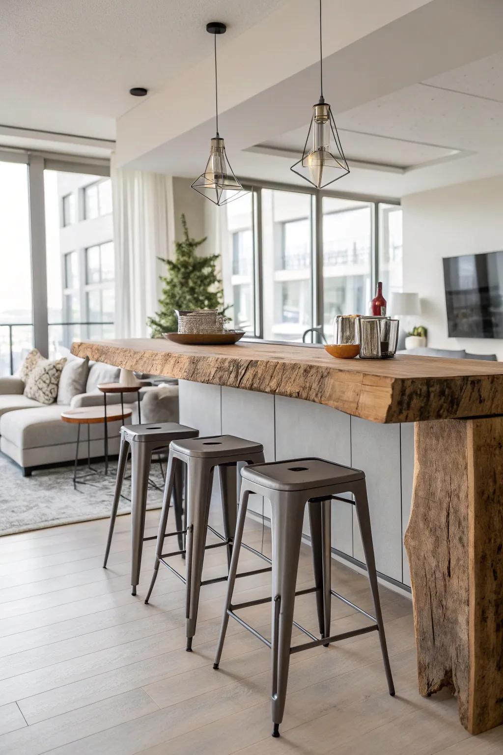 A live edge bar matched with modern metallic stools, producing an agreeable combination of countryside and contemporary aesthetics.