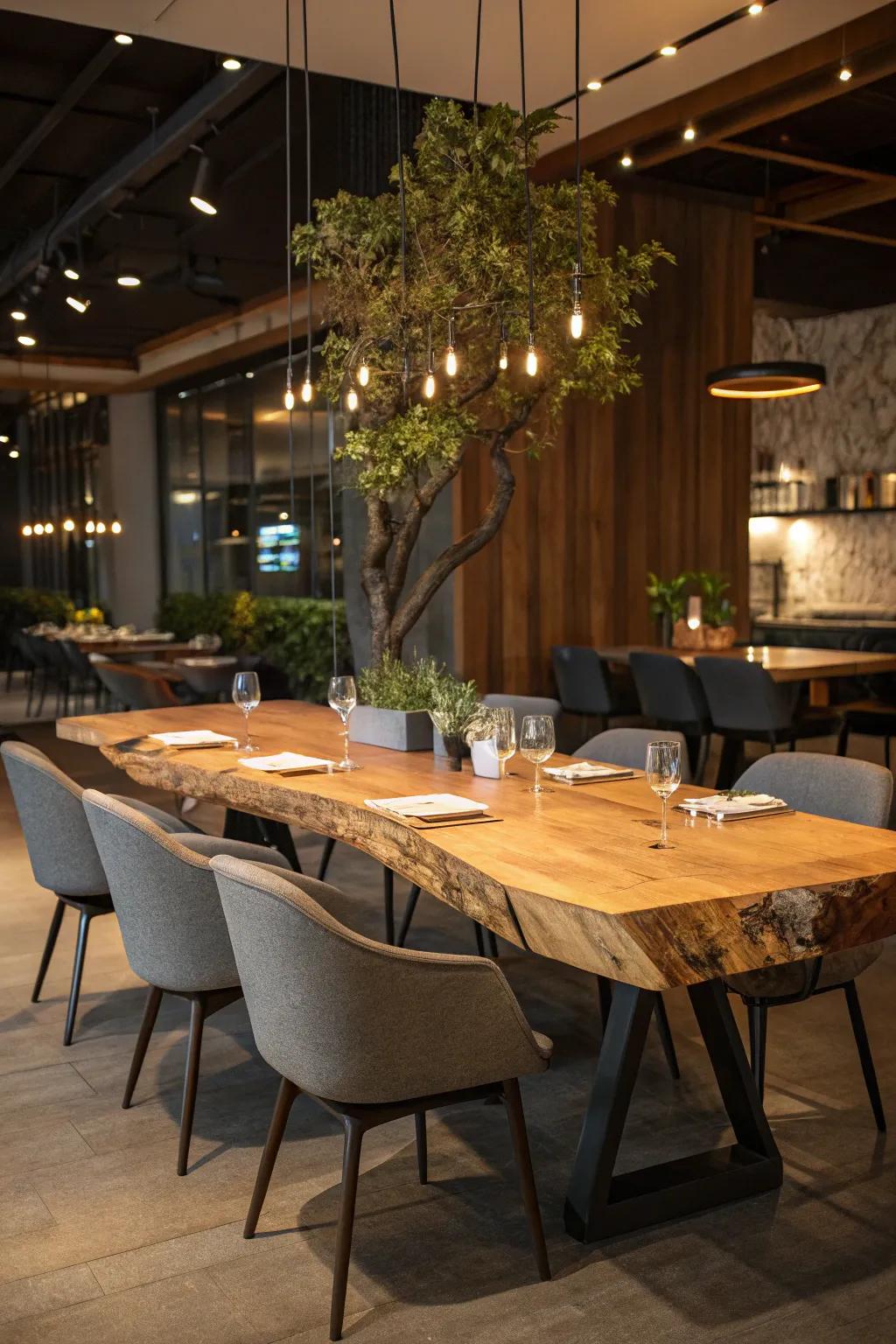 A meal area elevated by the distinct charm of a natural-edge table.