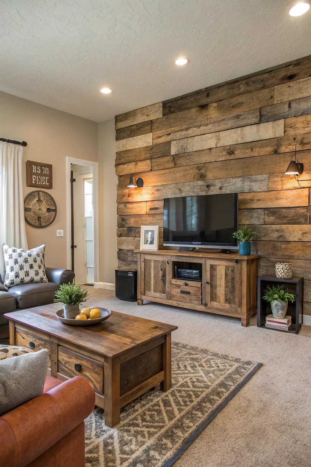 An accent wall crafted from upcycled timber introduces countryside charm to this modern living room.