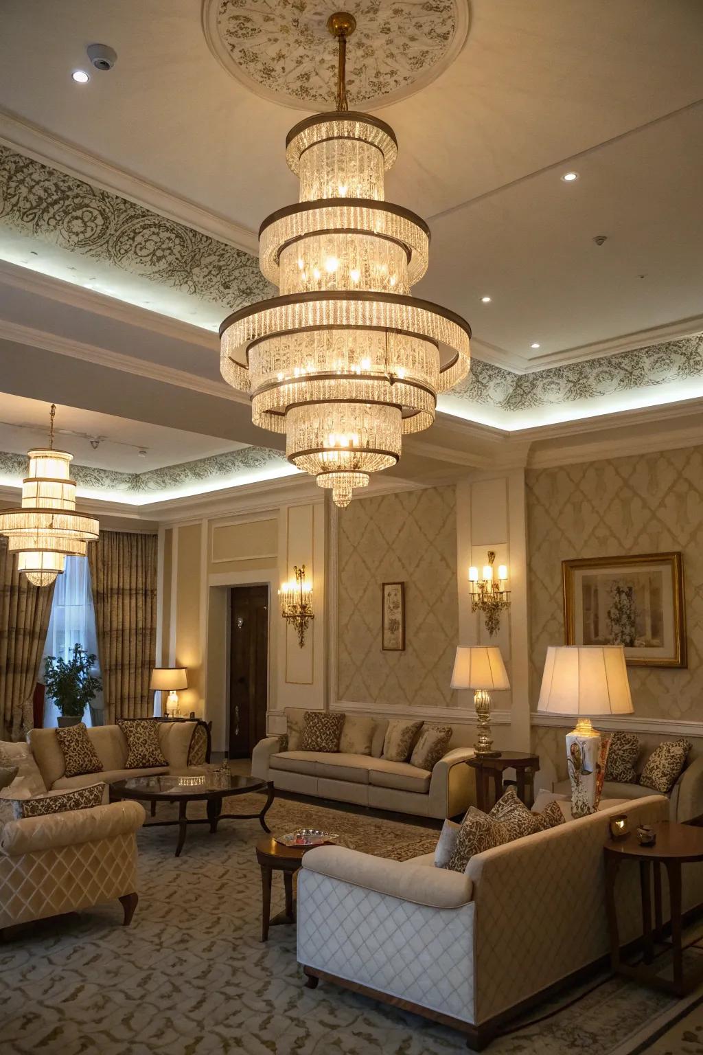 Layered lighting with elegant fixtures adds dimension and coziness.