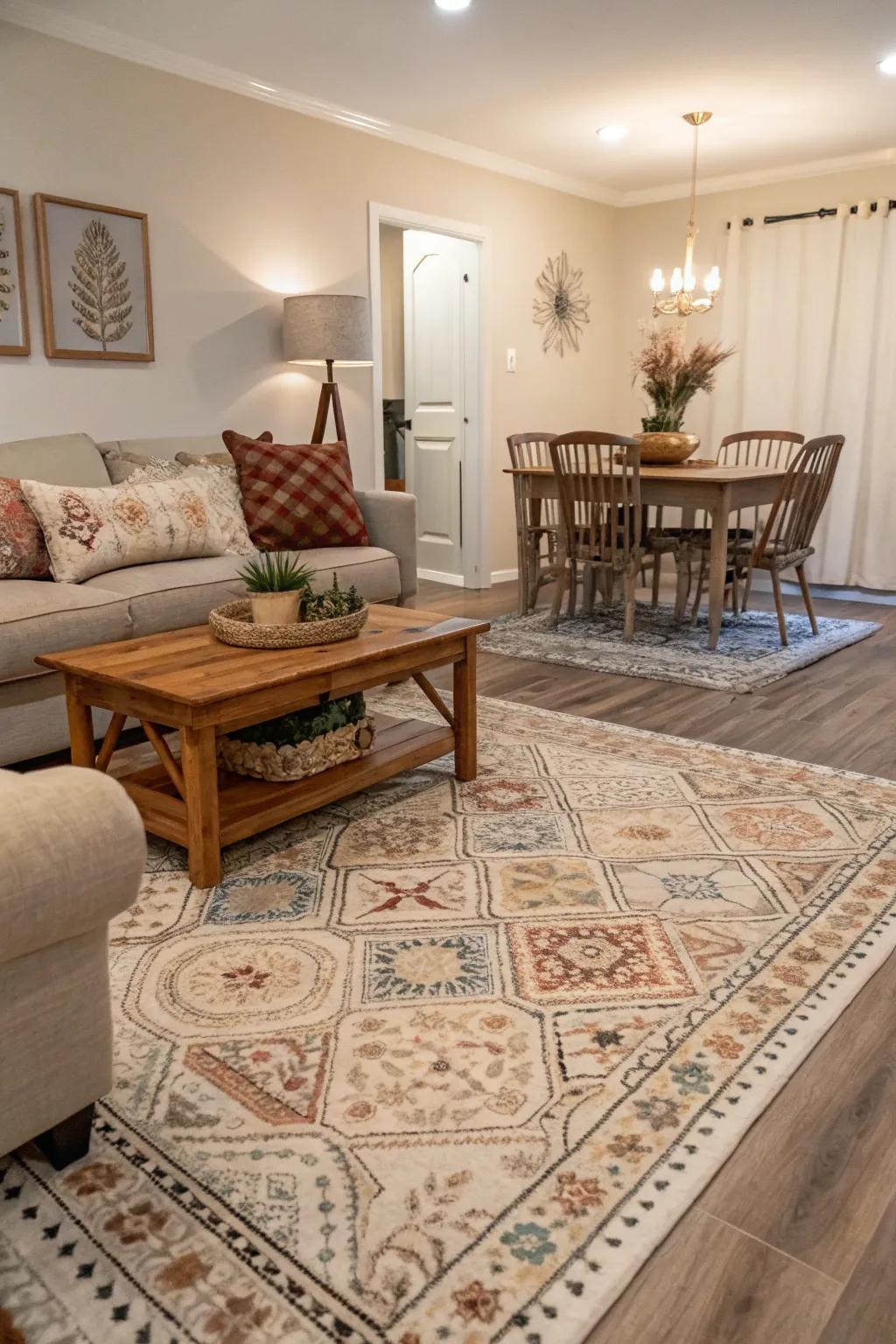 Carpets delineate spaces while infusing a hint of inviting sophistication.
