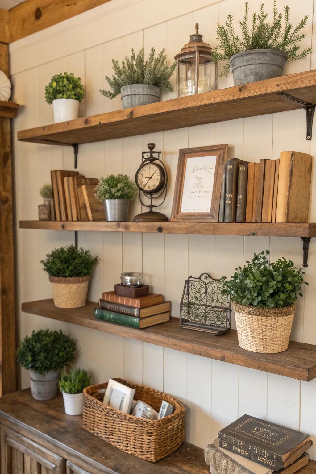 Wooden shelving presents a countryside charm and valuable storage.