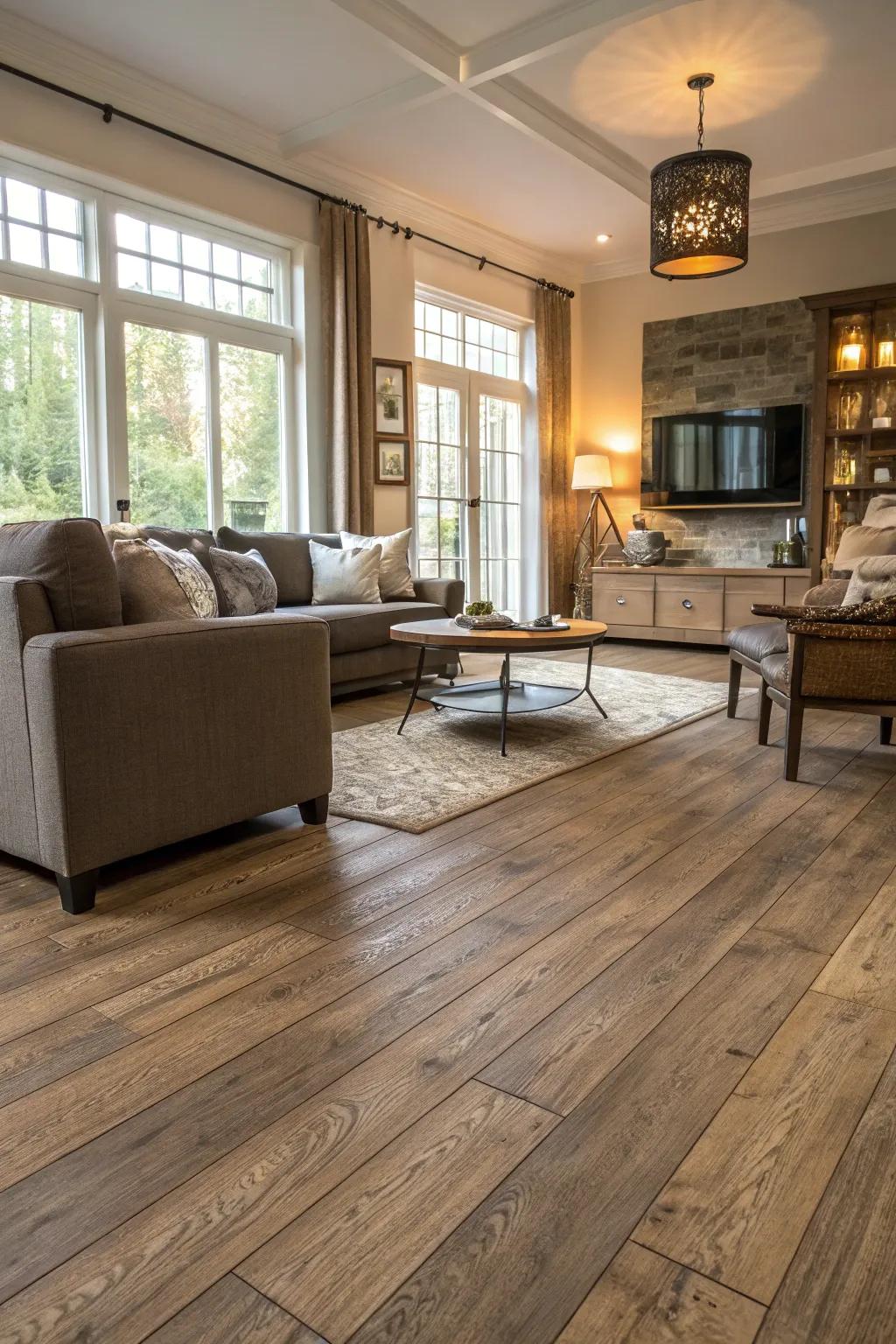 Laminate flooring provides a budget-friendly substitute for hardwood while offering captivating visuals.