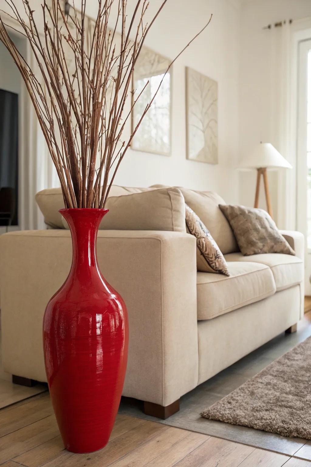 A striking crimson floor vase delivers an eye-catching contrast within a neutrally decorated living area.