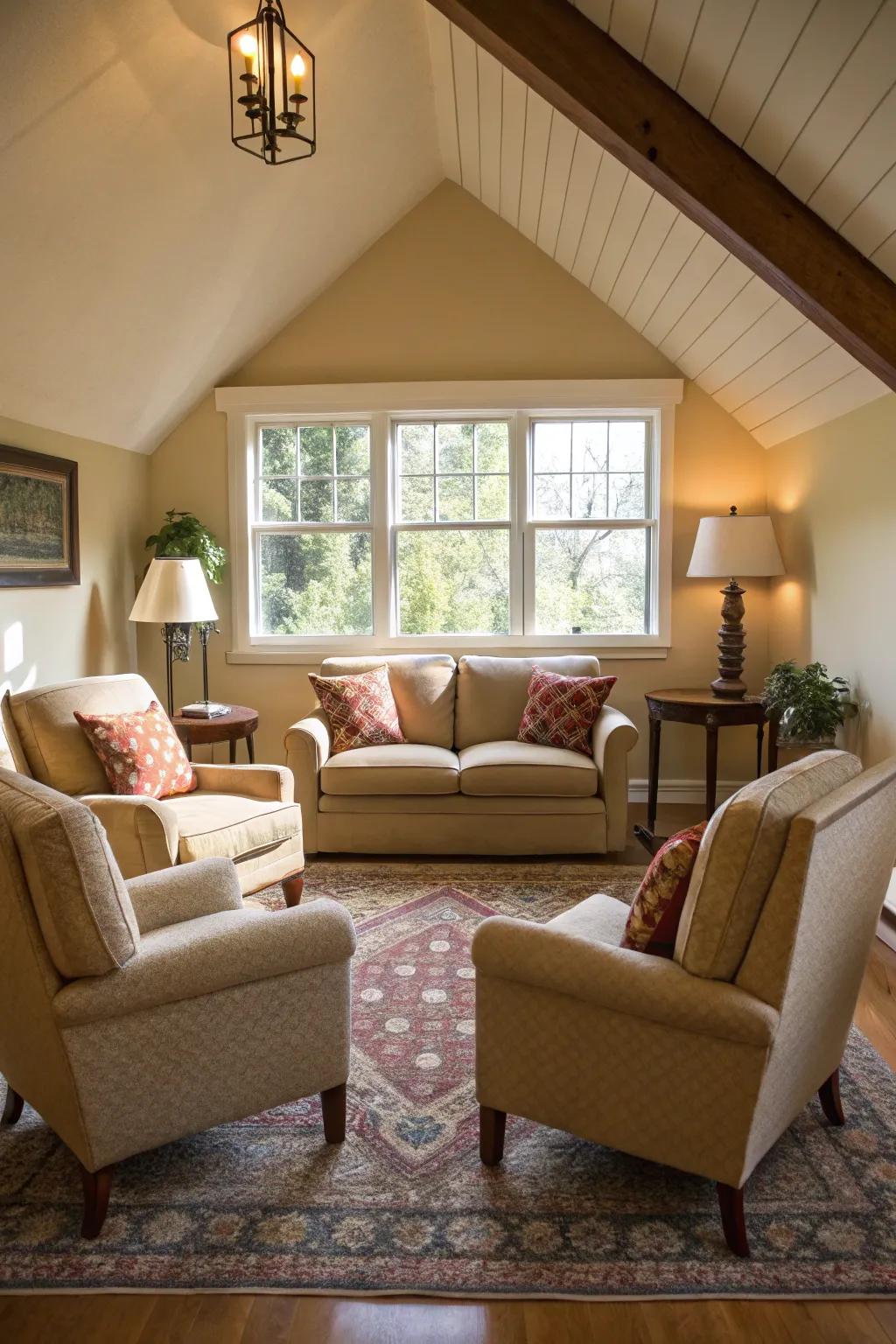 An attractive lounge setting with chairs positioned at an angle to amplify visual appeal.