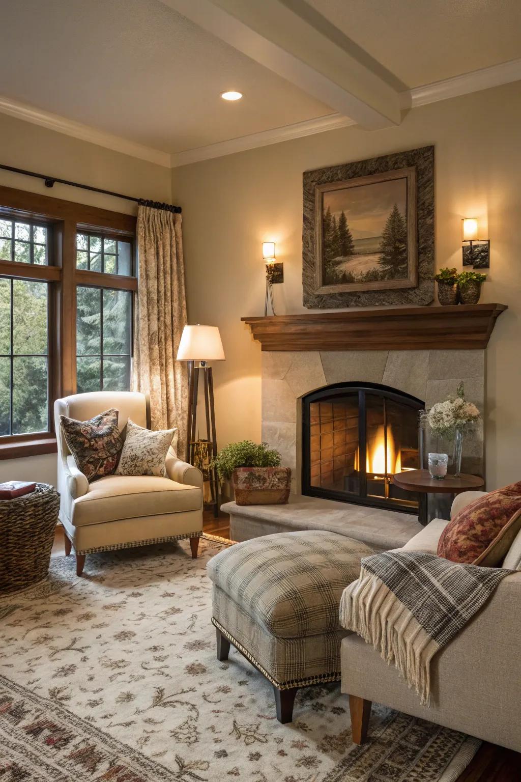 A comfortable corner nook featuring a fireplace, perfect for relaxation.