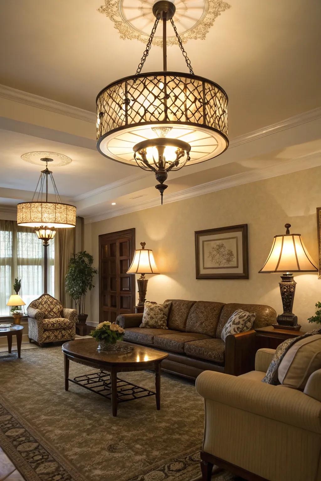 Layered lighting enriches the dimension and ambiance of this living space.