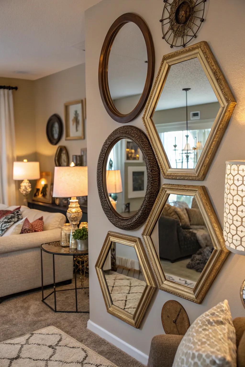 Mirrors arranged in layers produce a visually engaging and vibrant result.