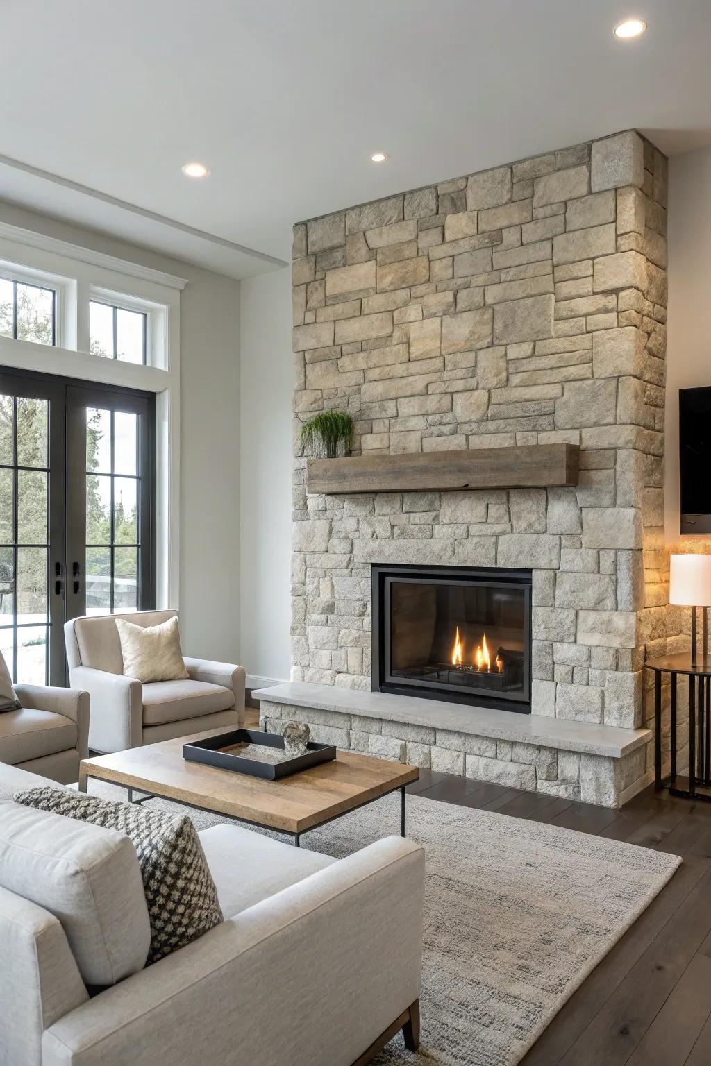 A refined stone fireplace ideal for a modern and minimalist living space.