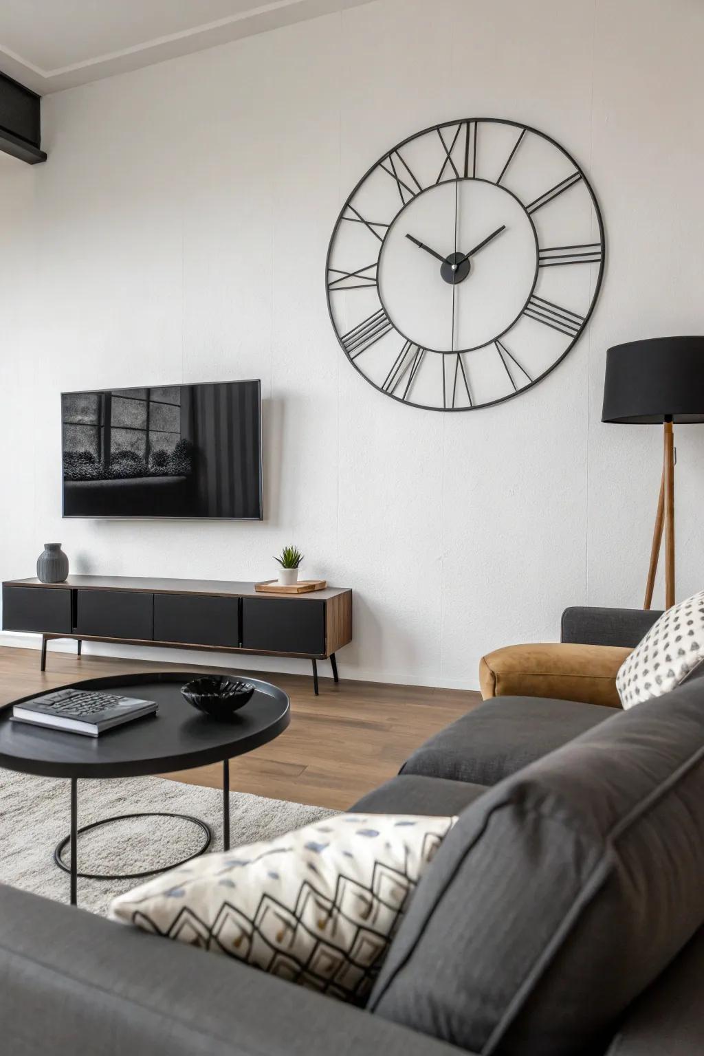 A minimalist wall clock brings understated elegance to a contemporary living room.
