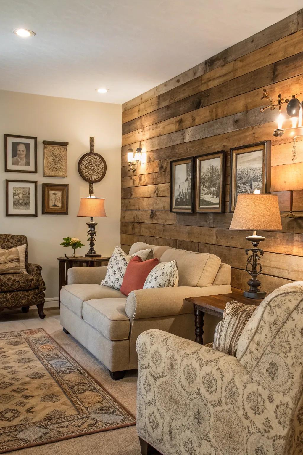 Repurposed timber panels infuse your space with character and coziness.