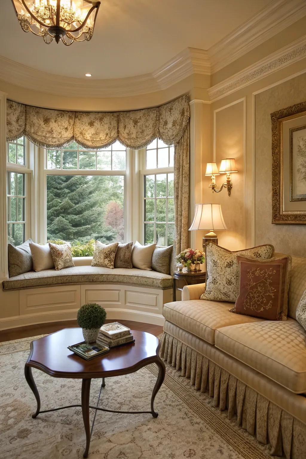 A stylish living room's bay window creates a pleasant nook.