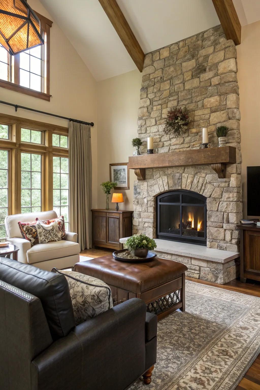 A living room that exemplifies a fusion of modern furniture and a naturally textured fireplace.