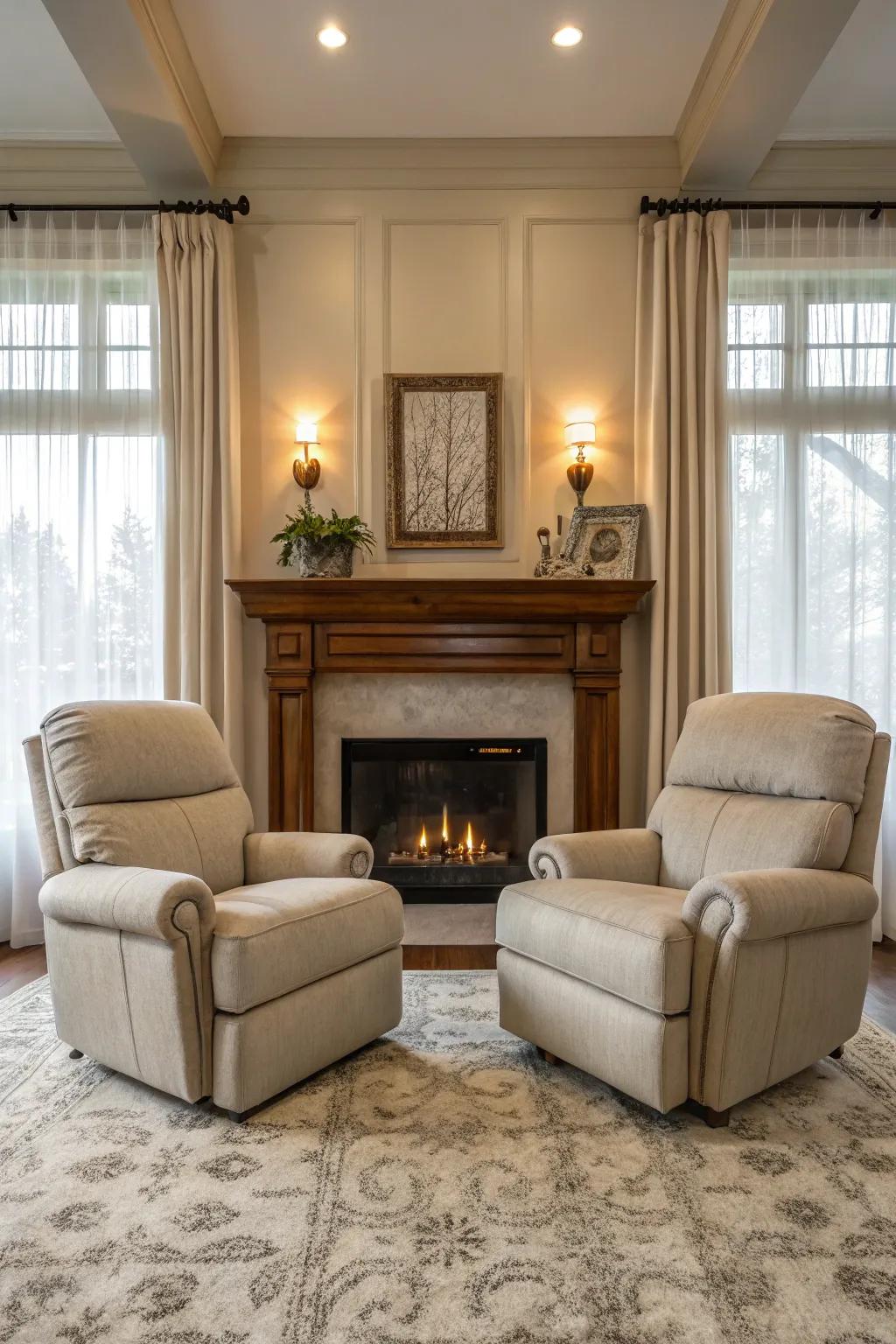 A unified living space featuring dual recliners surrounding the fireplace.