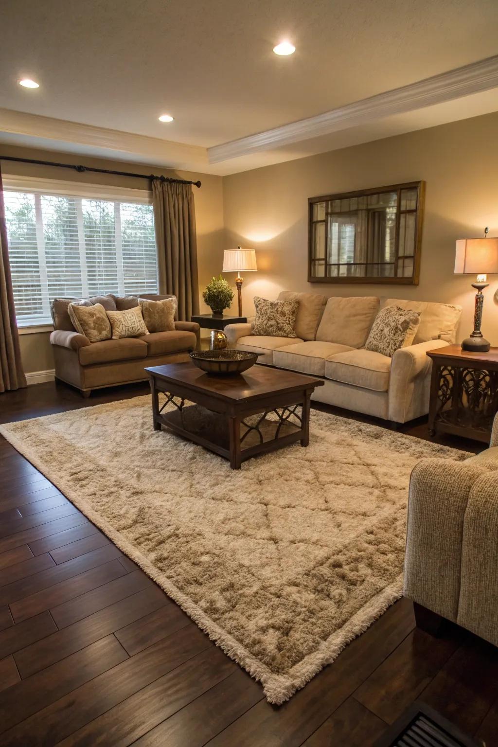 Area rugs introduce warmth and texture to dark wood floors.