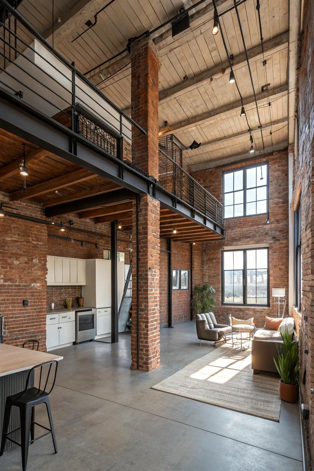 Exposed structural elements contribute a touch of rustic charm to loft interiors.