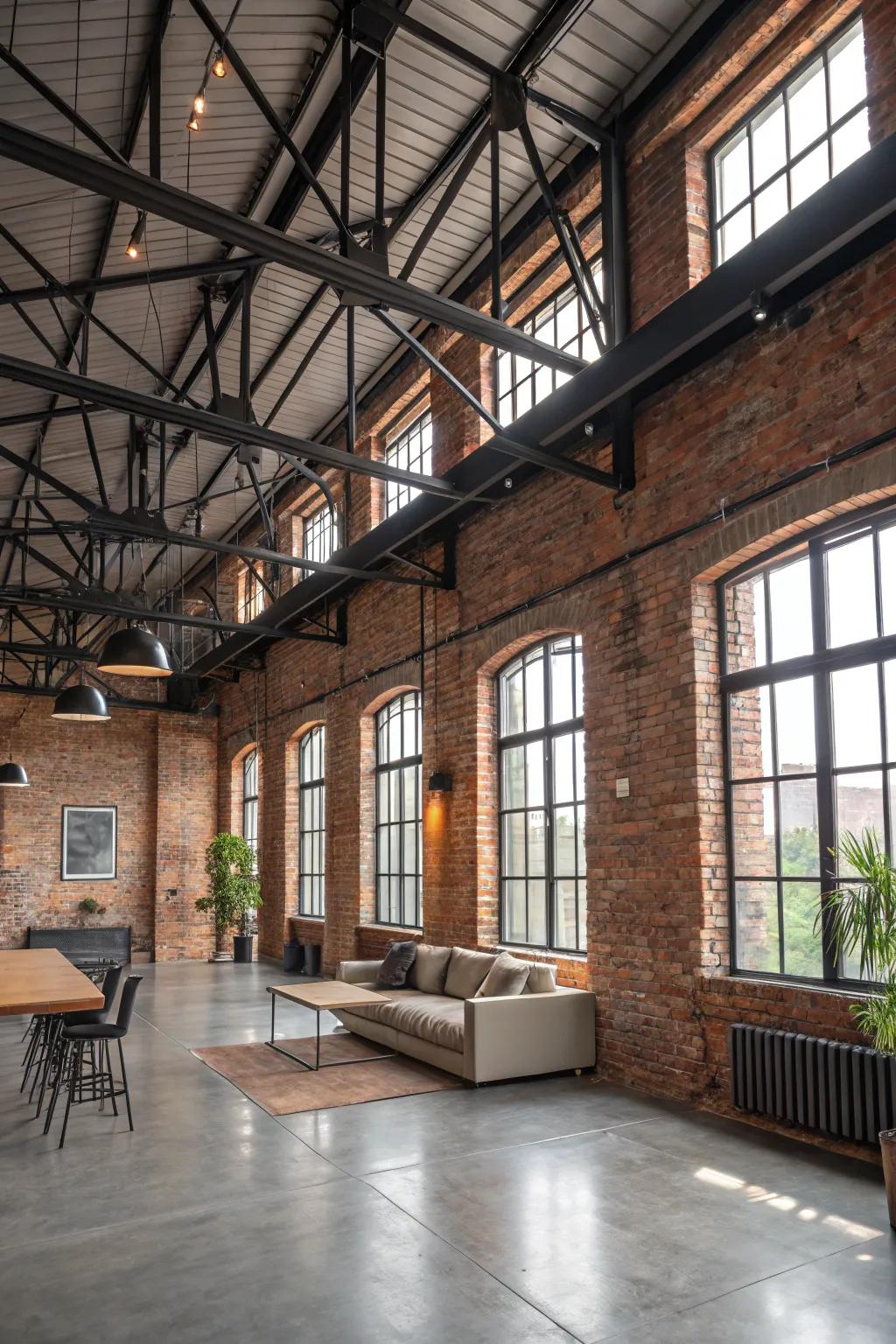 Industrial vibe showcasing uncovered brickwork and steel beams.