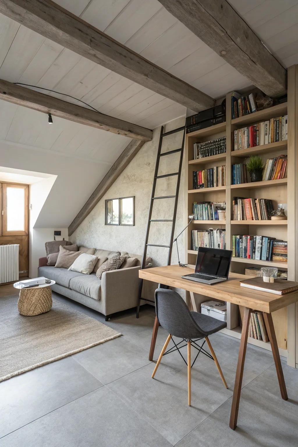A carefully planned loft that smoothly combines work and relaxation.