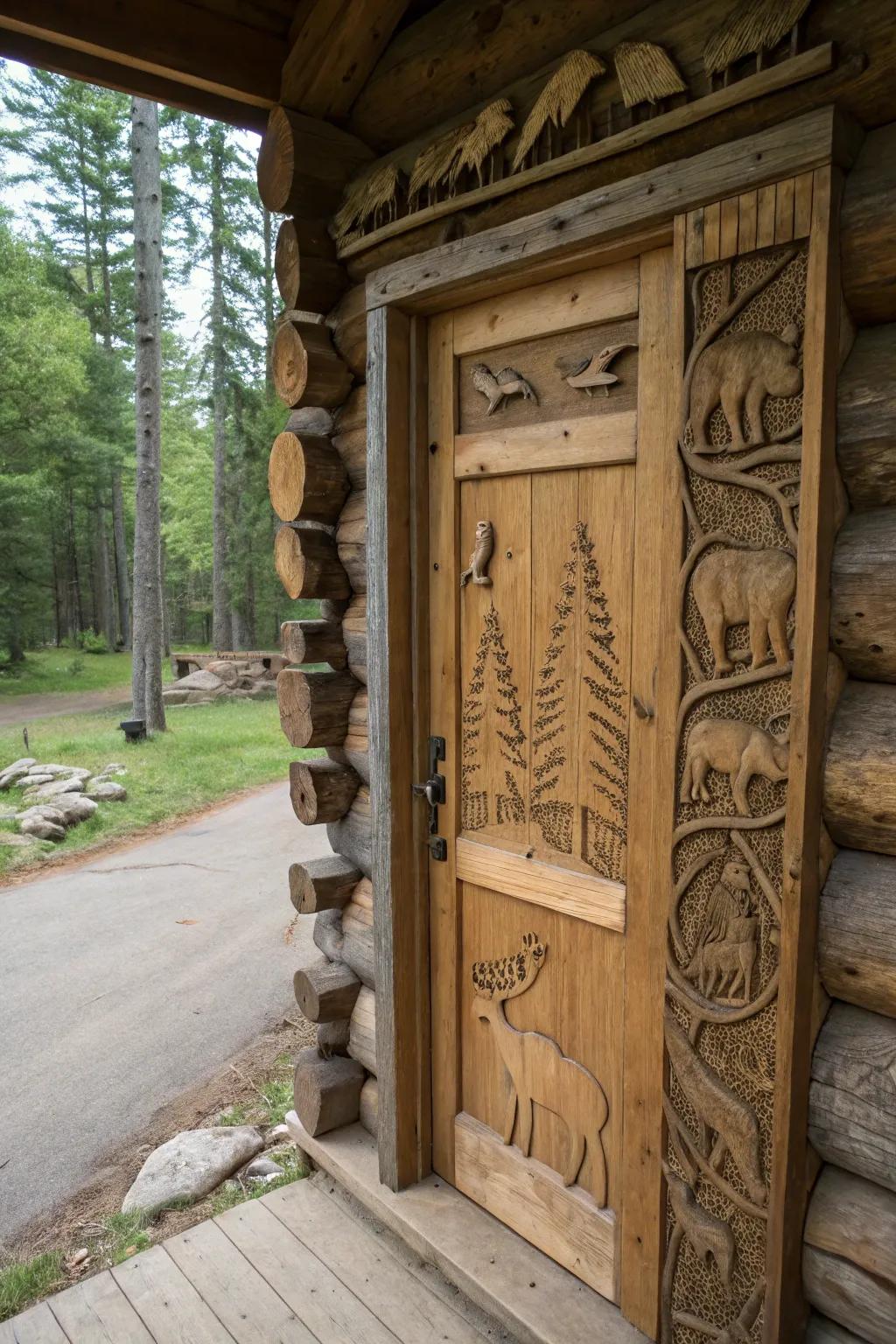 A log cabin door featuring detailed animal life carvings.