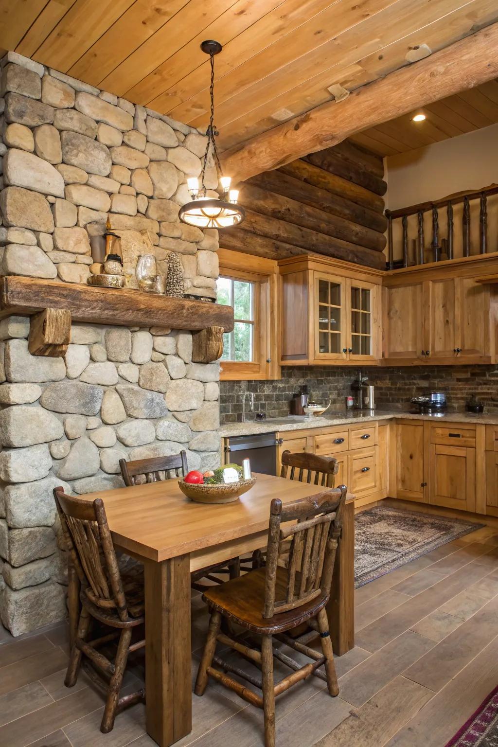 A countryside-themed cooking space integrating a stone backsplash, which elegantly complements the encompassing wooden attributes.