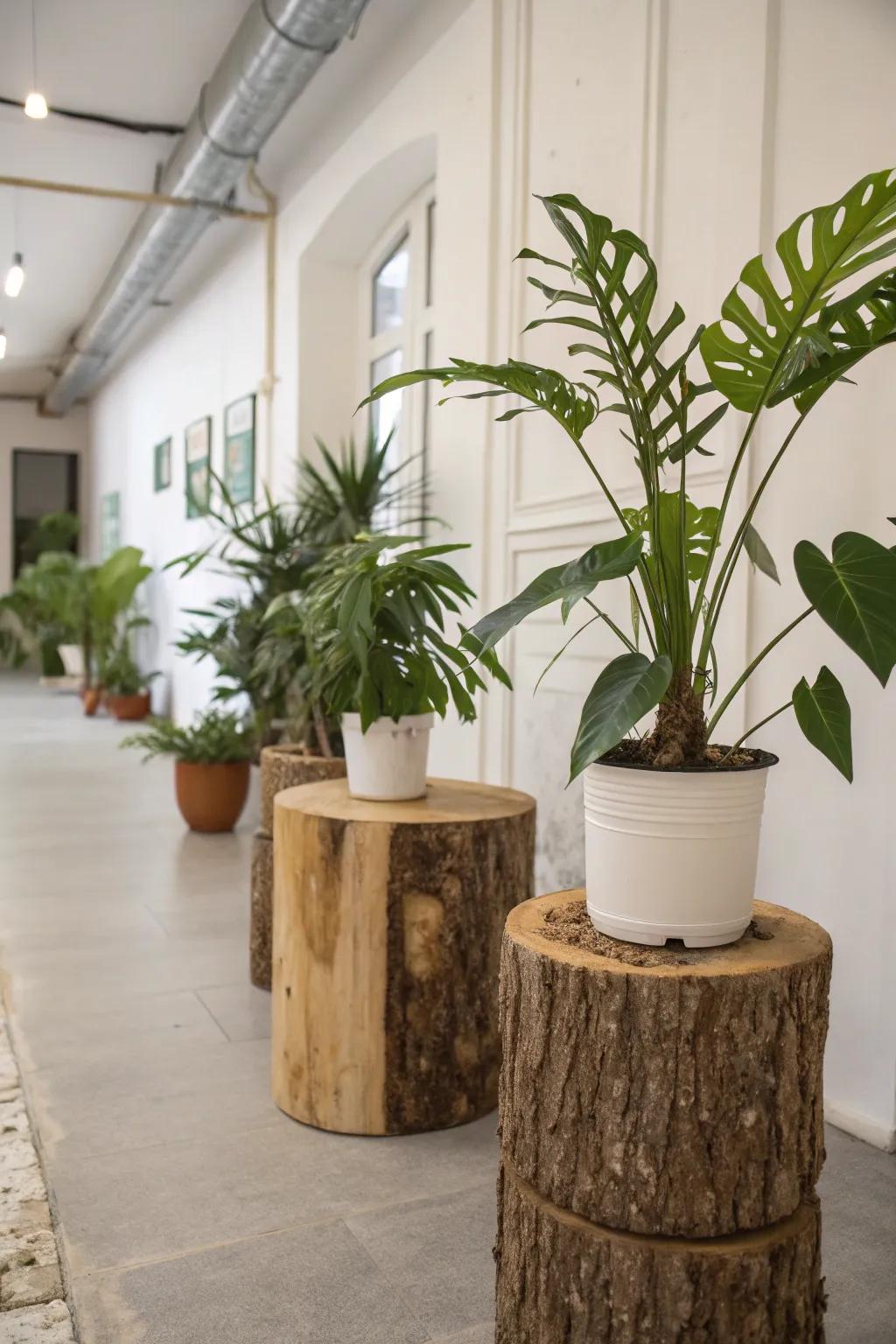 Logs employed as chic plant platforms indoors.