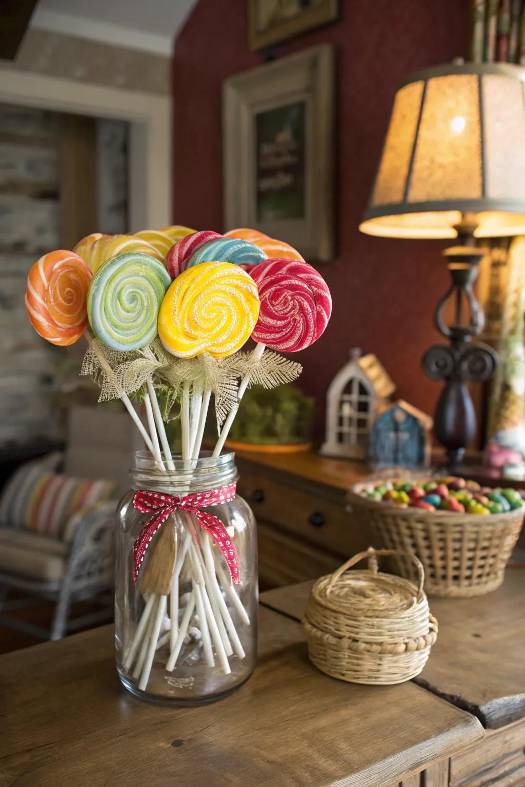 A charming candy pop posy showcased in a canning jar