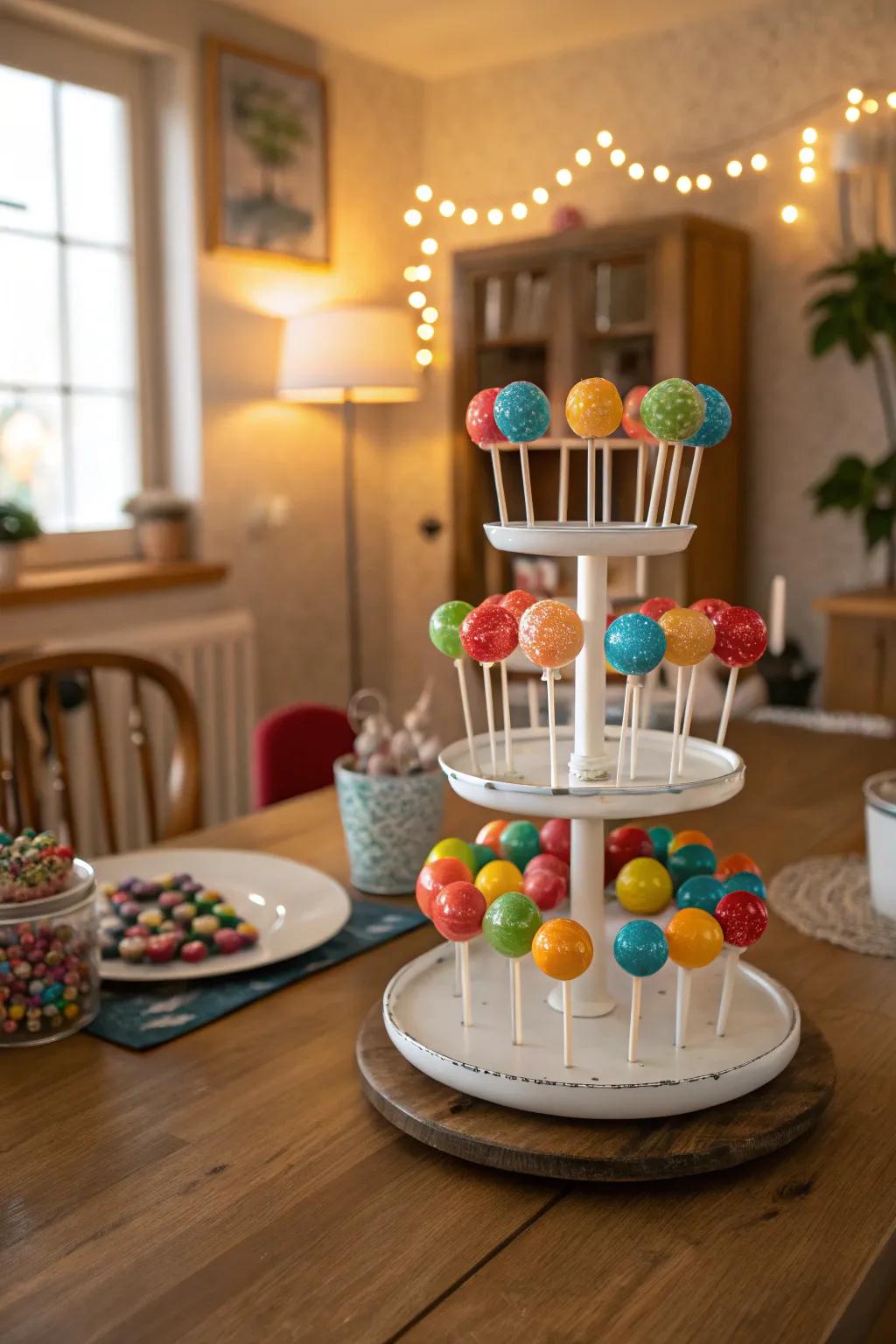 A multilevel presentation transforms candies into an exquisite table centerpiece.