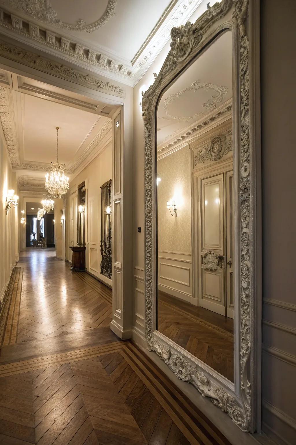 A decorative mirror plays with light, enhancing the spacious feel of the entryway.