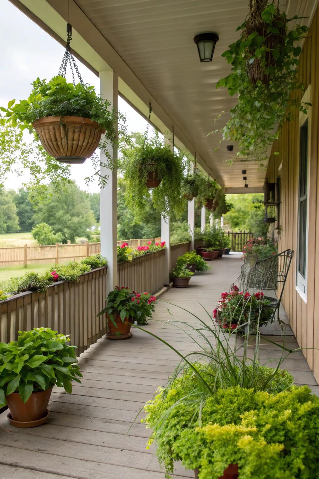 Greenery infuses vibrancy into any porch, featuring a combination of real and artificial plants.