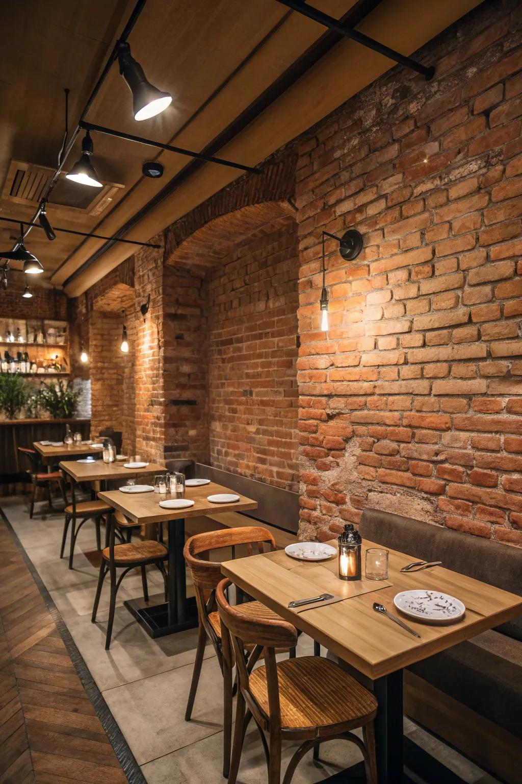 Earthy elements such as wood and brick add a rustic and inviting charm.