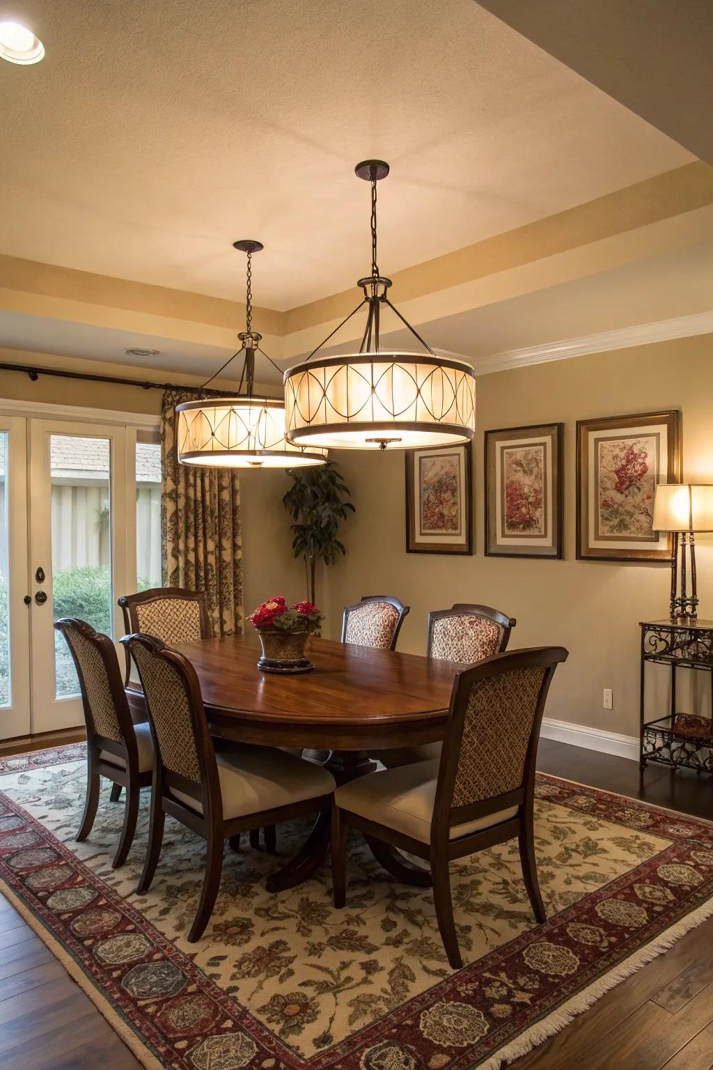 A snug dining environment lit by semi-flush mount lamps.