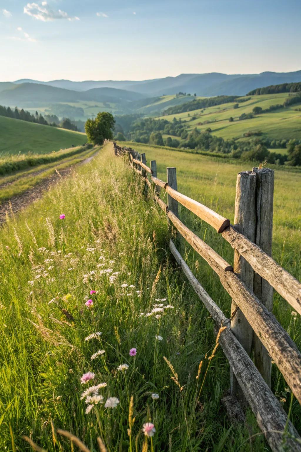 A countryside split-rail barrier harmoniously blends with the surrounding nature.
