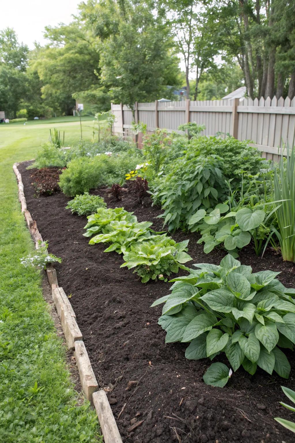 A well-mulched garden area, adept at preserving moisture and warding off weed proliferation.