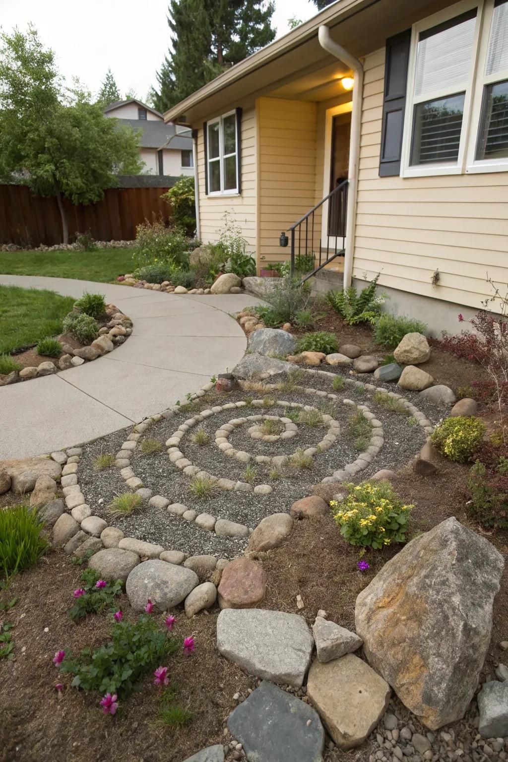 An inventive rock spiral as a focal point in a front yard landscape.