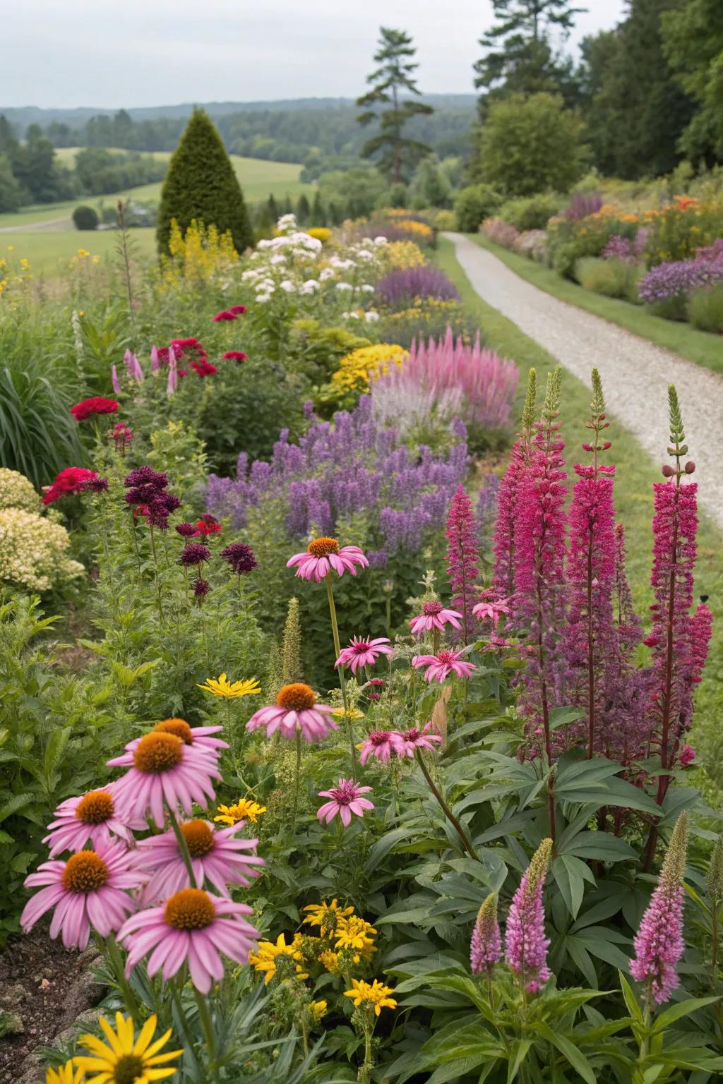 A garden brimming with diverse perennial textures and colors.