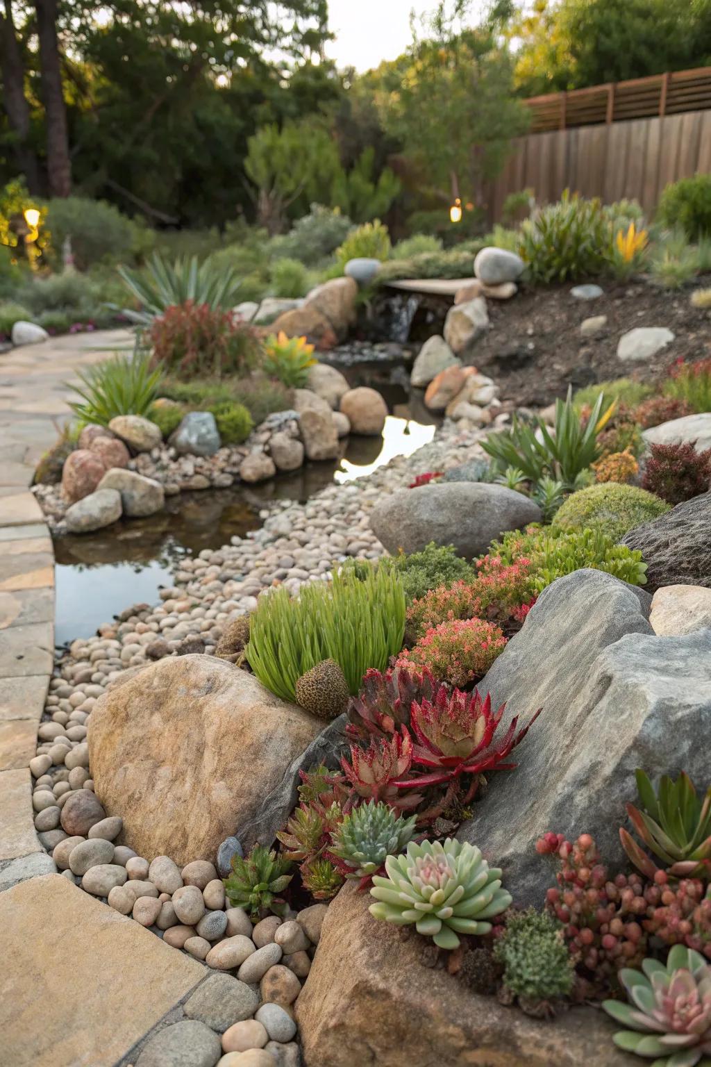 An integrated stone garden featuring assorted surface variations and hues.