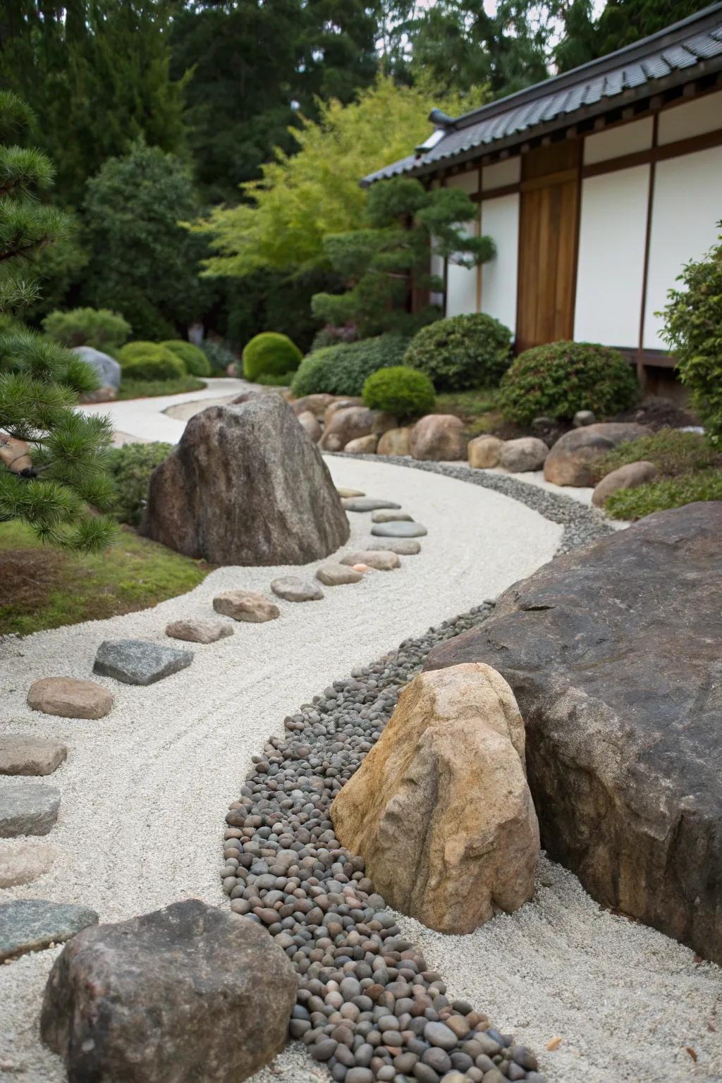 A curved gravel path winds through a rock garden.