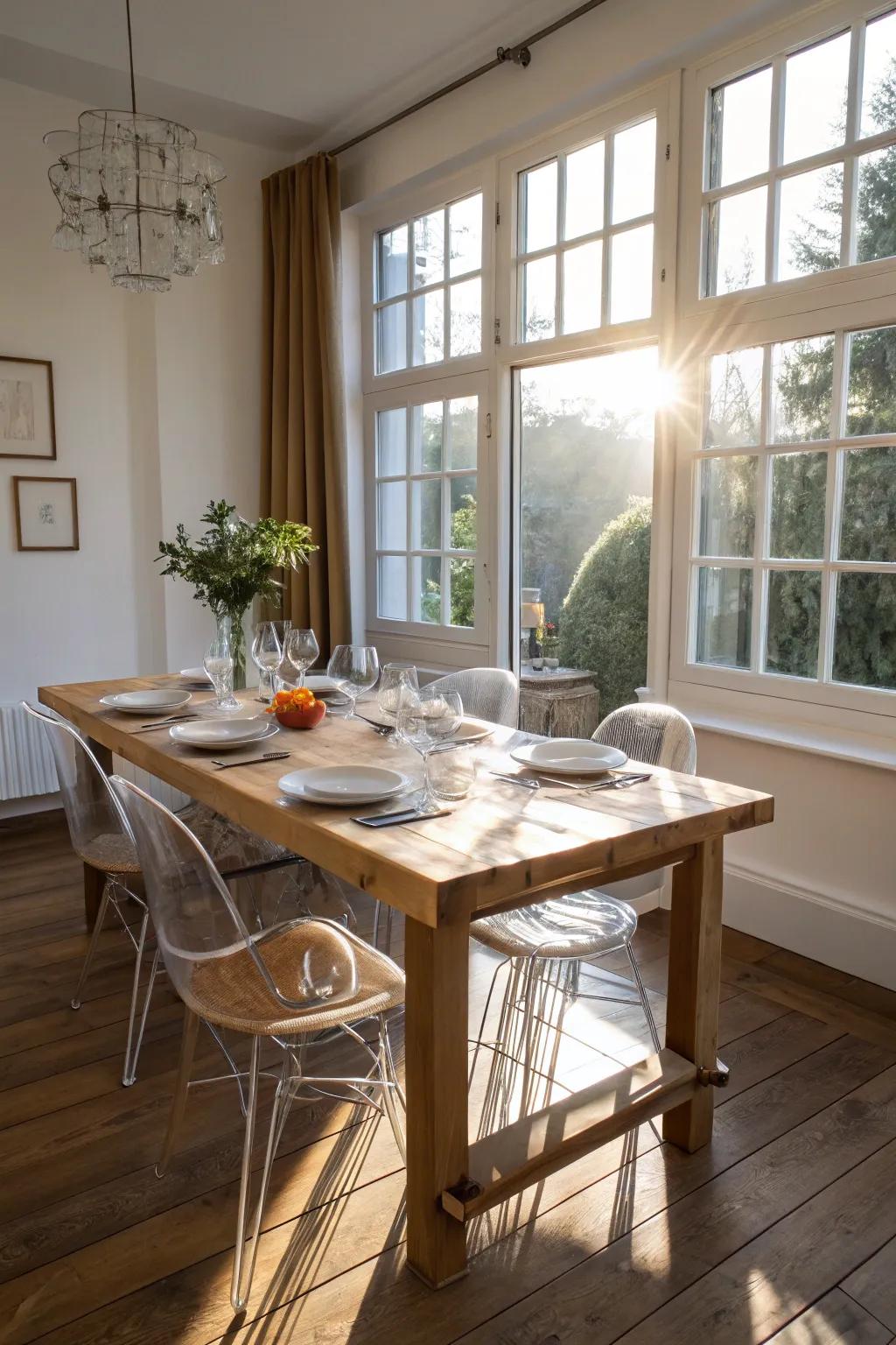 Clear acrylic chairs enhance the elegance of any dining area.